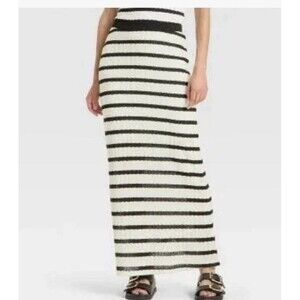 Universal Thread Knit Openwork Maxi Sweater Skirt Lined Black/White Stripe M NEW